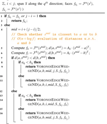 Figure 6 illustrates the first step of the binary search in (a), and the situation at the end of the search in (b) (projection in plane P ).