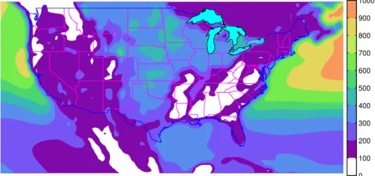 Figure 2. Geographical variation of mean wind power density (W/m 2 ) across the U.S.