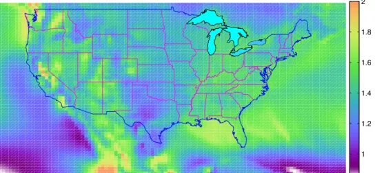 Figure 4. Geographical variation of coefficient of variation (CoV) of wind power density across the U.S.