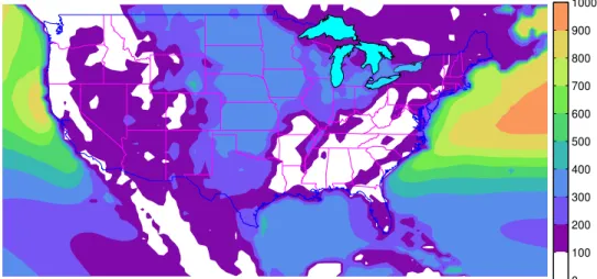 Figure 10. Geographical variation of the mean wind power density at 80 m (W/m 2 ).