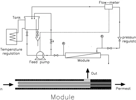 Fig. 2. Schema of the tangential nanofiltration unit and the hollow fibre module.