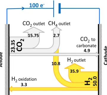Fig. 5. Gas balance sheet for the MEC operating at 90 A·m −2 . Balance is pre- pre-sented on the basis of 100 mol of electrons passing through the electrical  cir-cuit