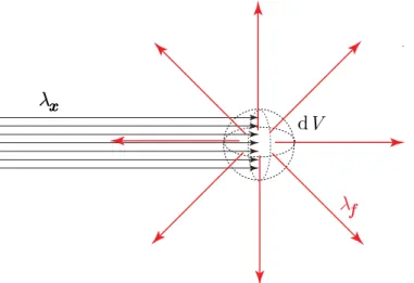 Figure II.4  Illustration de la lumière de uorescence émise à la longueur d'onde λ f par un ensemble de uorophores contenus dans un volume d V , après excitation à la longueur d'onde λ x