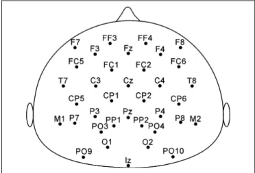 Figure 7. EEG recording sites. Electrodes were placed according to the following scheme: 19 locations of the 10–20 electrode system, 13 locations of the 10–10 electrode system, and 4 additional intermediate locations