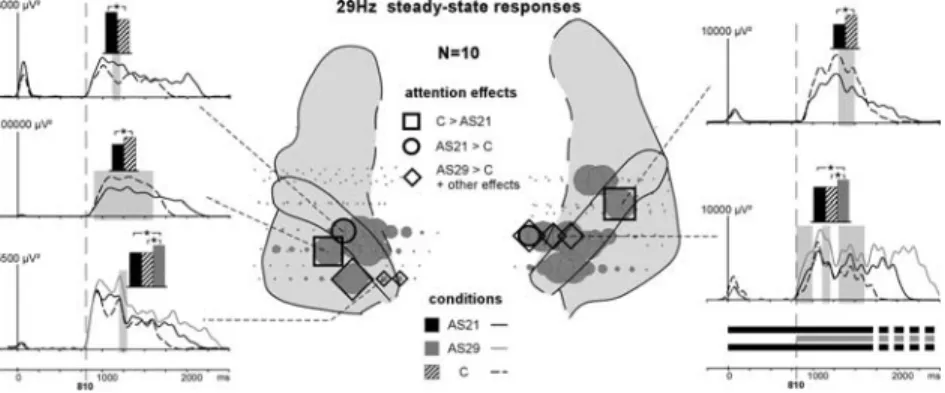 Figure 9. Schematic representation of the main attentional effects. For each electrophysiological response, the main effects between conditions and their latencies, are arbitrarily schematized with black, gray, and hatched boxes