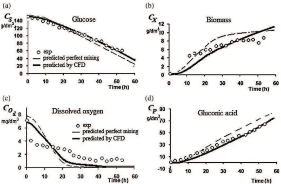 Fig. 3. Comparison of simulated and experimental concentration proﬁles of (a) glucose, (b) A