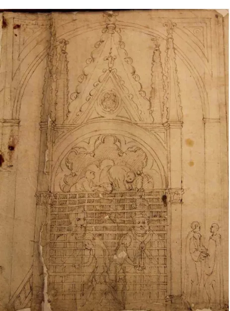 Fig. 17.16 Cappocciola and Garofalo stealing the jewels from the reliquary busts of Peter and Paul in the tabernacle of the Lateran; copy of a fresco cycle (1438–40), formerly in the north transept of the Lateran basilica, roll of pen drawings (end of the 