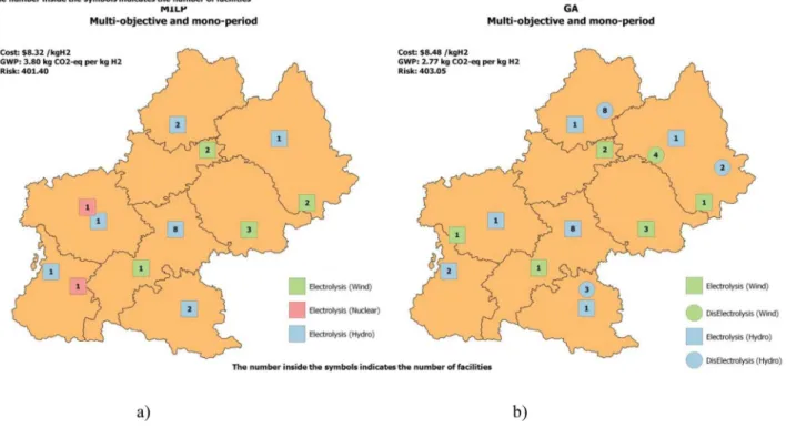 Fig.  6. Maps of the two scenarios  with  multi-objective optimization a) with GA; b)  with  MILP