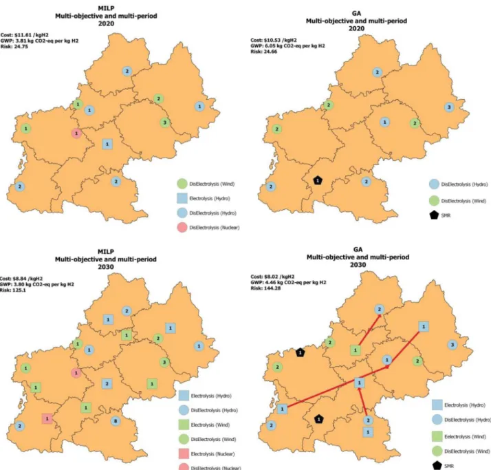 Fig.  9. Maps of the four scenarios for the optimization run carried out by  MILP and GA  for  a multi-objective  and  multi-period  approach