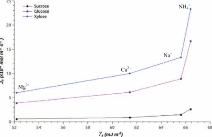 Fig. 10. Sugar ﬂ uxes vs surface energies of CMX membrane in several ionic forms (Mg 2þ , Ca 2þ , Na þ and NH 4 þ )