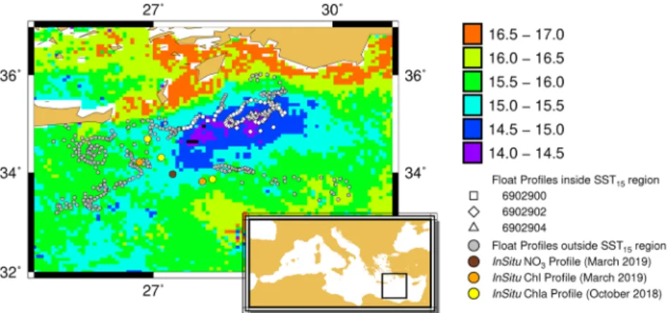 Figure 1.  Map of sea surface temperature (SST) annual absolute minima, with the locations of all BGC-Argo profiles  (each point represents a profile)