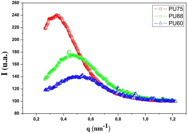 Fig. 11 Scattered intensity I in function of the norm of the scattering vector q, for the 3 PUs