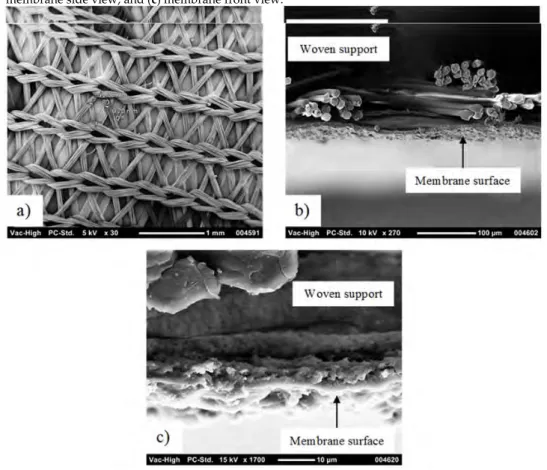 Figure 2. Standard polytetrafluoroethylene (PTFE) membrane: (a) scrim support (backing); (b) membrane side view; and (c) membrane front view.