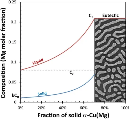 Figure 4: Solute profile according the Scheil-Gulliver equation. When the solid begins to form,  the solute (Mg) is rejected into the liquid phase ahead of the solid/liquid interface