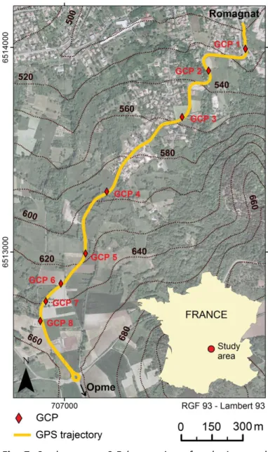 Fig.  7:  Study  area:  a  2.5  km  section  of  a  sloping  road,  between  Opme  and  Romagnat  (Auvergne,  France)