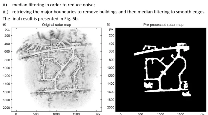 Figure 6: Retrieval of the roads in the radar map: a) Original radar map (resol.: 20cm) ; b) Result  of the processing (gray-level thresholding, retrieval of the major boundaries and median filtering)