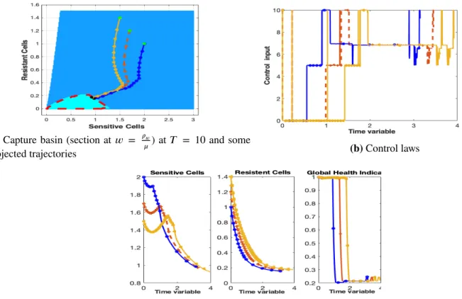 FIGURE 8 (Test 5) - Reachability analysis for model (M2). A set of trajectories corresponding to large heterogeneous initial tumours.