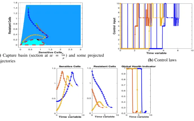 FIGURE 9 (Test 5) - Reachability analysis for model (M2). A set of trajectories corresponding almost resistant initial tumours.