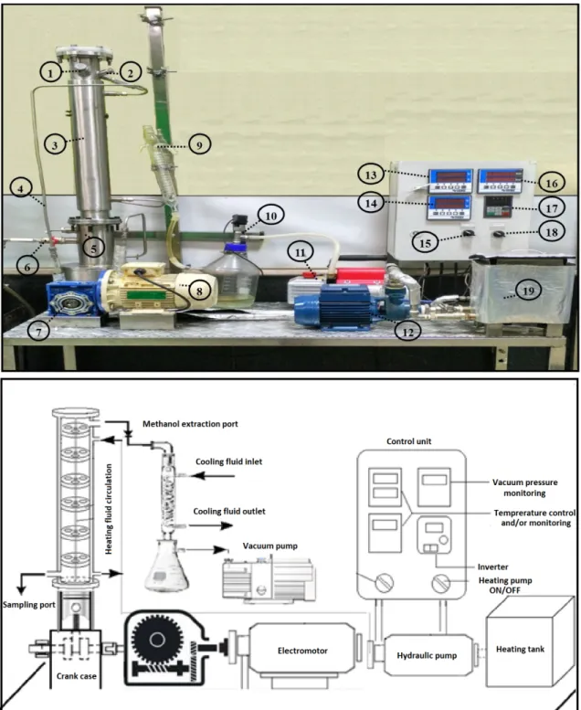 Figure 2: Different parts of VPC setup for biolubricant production (description of the  parts are presented in Table 1); upper image: real setup, below image: schematic setup
