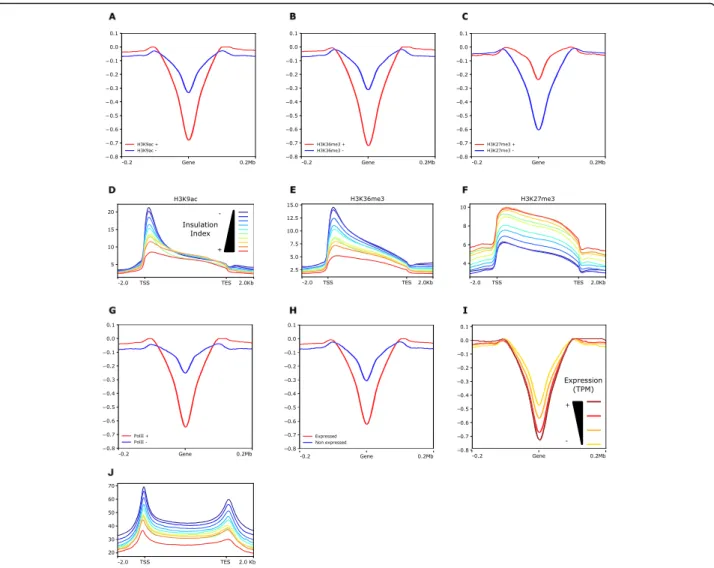 Fig. 3 Relationship between insulation index, histone marks, and gene expression. a – c Plots displaying the insulation index over genes marked (red line) or not marked (blue line) by H3K9ac (a), H3K36me3 (b), and H3K27me3 (c)