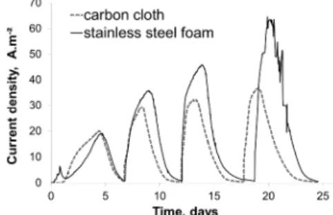 Fig. 1: Variation of current density with time for carbon cloth and  stainless steel foam bioanodes polarized at -0.2 V/SCE.