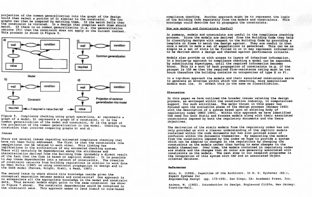 Figure 9. Compliance checking using graph ｯｰ･ｲ｡ｴｩｯｮｾＬ a) ｲ･ｰｲ･ｾ･ｮｴｳ a graph of a model, b) represents a graph of a constraint, c) is the common generalization of the model and conatraint, d) is the graph of the projection ｯｾ the common generalization in th