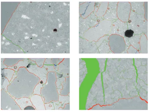 Fig. 7   Examples of highlighted SEM images. Clockwise from top left: S1-0 at 200× zoom, S1-S at 40× zoom,  S3-L at 200× zoom, S4-M at 40× zoom.