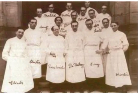 Fig. 5 : René Leriche entouré de ses élèves, notamment Mickael DeBakey, Jean Cid Dos Santos,  René Fontaine et Jean Kunlin