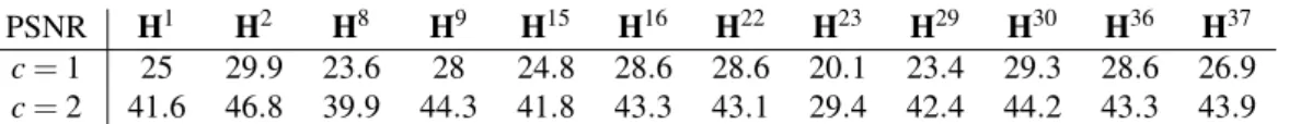 Table 2: Values of PSNR ∗ for some optimized wavelet packet atoms, for 3 × 3 supports (c = 1) and 5 × 5 supports (c = 2).