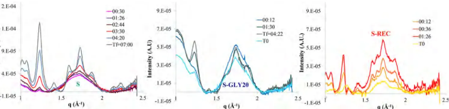 Figure 5. I rest for amorphous extruded potato starch S, extruded potato starch with glycerol S-GLY-20, and recrystallized extruded potato starch S- S-REC (from top to bottom).