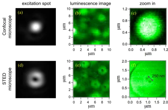Figure 4. Comparison of luminescence images obtained by a commonly used confocal microscope and a negative Stimulated Emission Depletion (STED) microscope