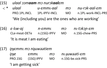 Table 15: the complex paradigms (2): habituals and futures (example with the root rɔk ‘to work’, 2SG, and jɛɛnaj ‘knife’) 