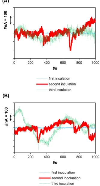 Fig. 6. Variations of typical current noise (I/nA = f(t)) obtained during the ﬁrst test stage (t e = 0–792 h, prior to inoculations) at t e = 20 h, t e = 200 h and t e = 400 h: (A) in ﬂow cell D (inoculation with Desulfovibrio desulfuricans); (B) in ﬂow ce
