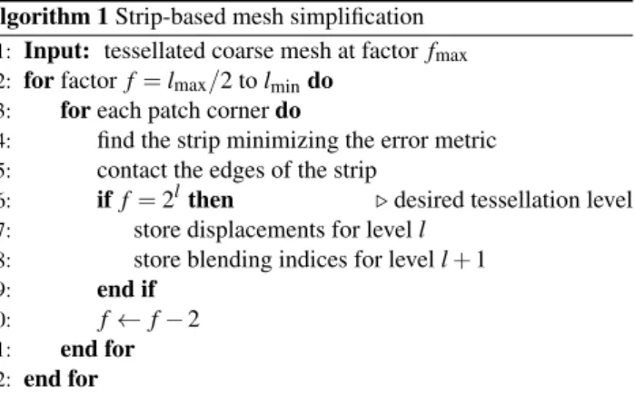 Figure 6: (a) A strip (in green) is a continuous list of edges join- join-ing two “opposite” half-patch-borders (thick purple and orange lines)