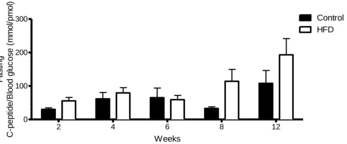 Fig 14: Fasting C-peptide expressed as a function of blood glucose for mice grafted with  islets from normal donors (D1, D2, D3, D4) at 2, 4, 6, 8 and 12 weeks on high fat diet