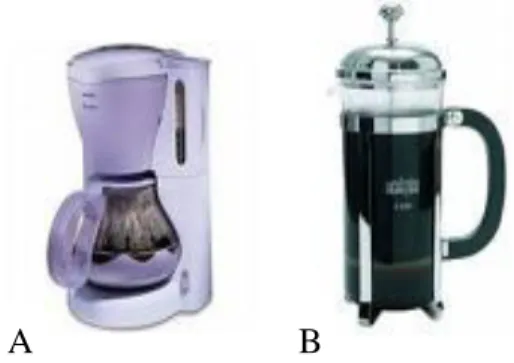 Figure 1. Coffee makers: (A) electric coffee maker (filtration system), and (B) piston machine 