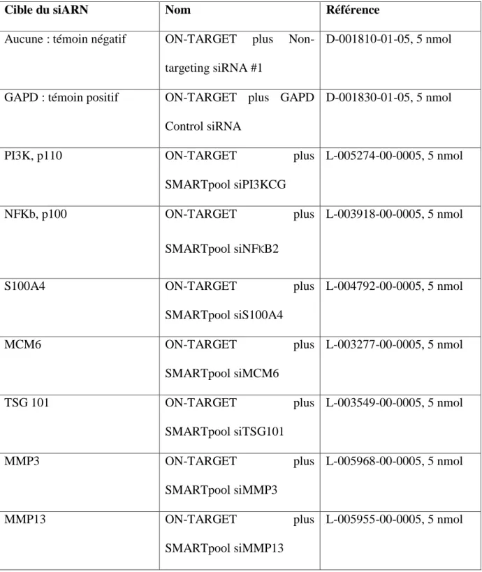 Tableau VI: Références des siARN utilisés (Dharmacon) 