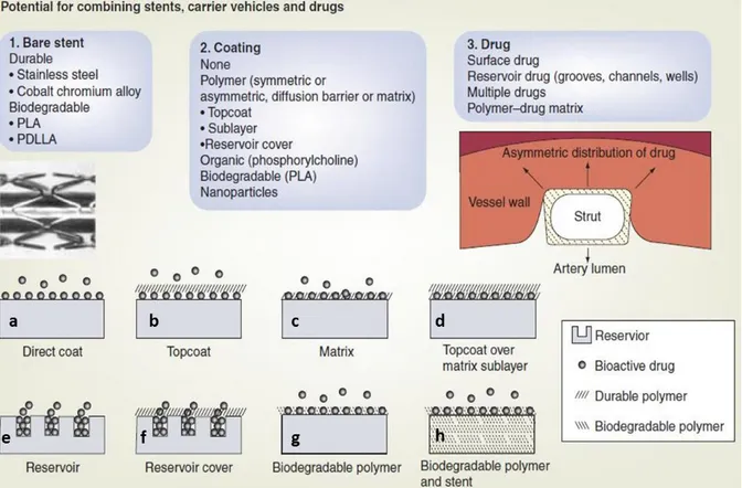 Figure 10 - Modèles existants de stents « actifs » à libération de médicaments (d’après Grube E, 2006 