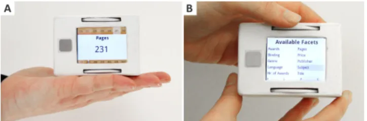 Figure 2: Stackables size related to a female hand (left) and when held between two hands (right,  avail-able facets in the book dataset are shown).