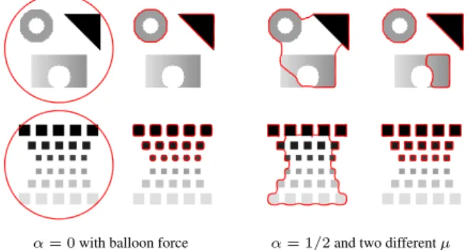 Fig. 2. Final curves of models given in (8): α = 0 with balloon force term (GAC), α = 1/2 (IAC) with two different but close parameters µ
