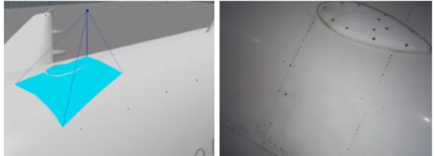 Figure 2: Left, 3D model of the aircraft with the pose of the camera. Right, the image acquisition.