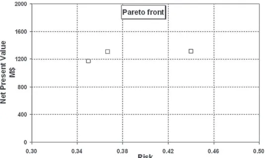 Fig. 8. Pareto front for the optimization Net Present Value/Risk for 9-drug optimized portfolio.
