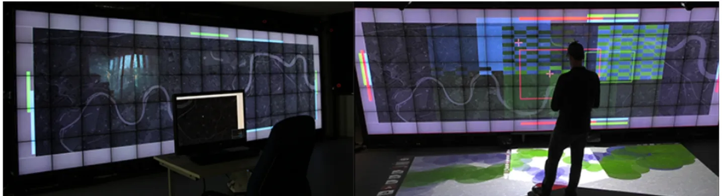 Figure 1. The prototype. (Left) Our Multi-Display Environment composed of a wall display and two workstations (one visible in the photo)