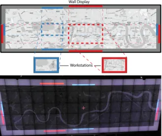 Figure 3. Global Focus Map on an operator. (Top) The red operator asks for a Focus Map for the blue operator by pointing at her with her tracked smartphone