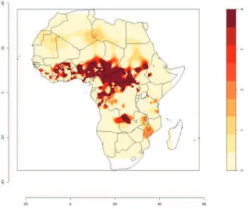 Fig. 9: The spatial interpolation graphic of the different values of the feature CFNM (as de- de-scribed in Section 4) using inverse-distance weighted smoothing (power = 6) 