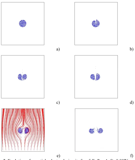 Figure 2. Evolution of a particle cluster during its free fall. Re d =1, St=0.0076,  Fr=4.47, ρ*=1 000
