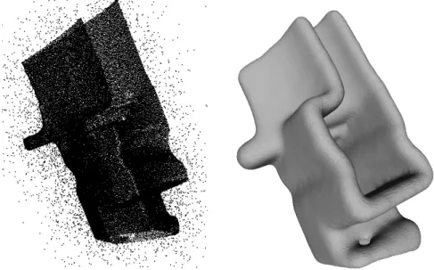 Figure 2: Left: A three-dimensional set of points uniformly sampled on the surface of a mechanical part to which 10% of points sampled uniformly at random in a box enclosing the mechanical part have been added