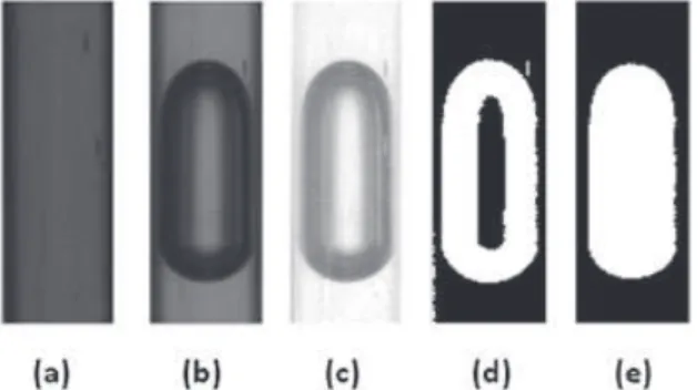 Figure 4. Image processing of shadowgraphs: (a) background, (b) shadowgraph of bubble, (c) subtraction of background, (d) binarization of image, and (e) correction.