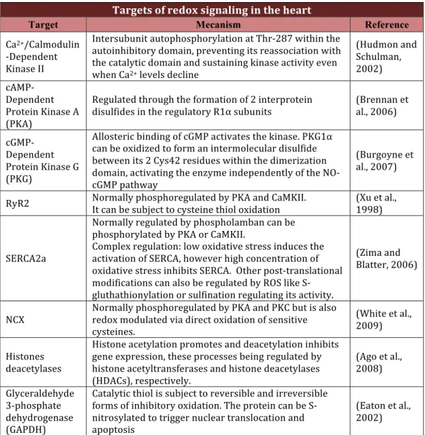 Table 5: Recapitulation of the main cardiac targets of redox signalling.  