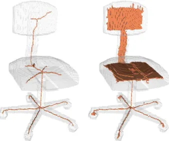 Fig. 6. First row: a voxel complex X. Second row: left, the set N ∗ (x)∩X and right, a 0-surface that is a thinning of N ∗ (x) ∩ X
